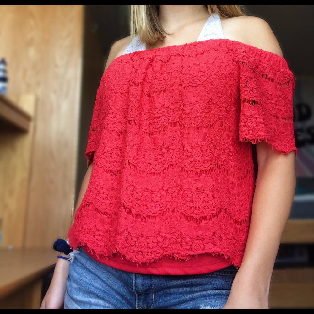 Red Off the Shoulder Lace Blouse